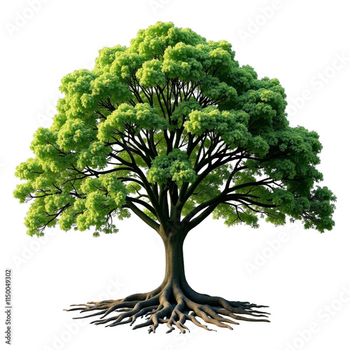 Computergenerated tree with green leaves and exposed roots on black background photo