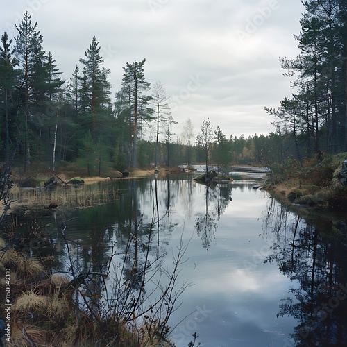 Idyllic landscape of pine trees reflected in a beautiful lake, Frosty Nordic forest, pine trees, frozen lake, quiet river in the forest.