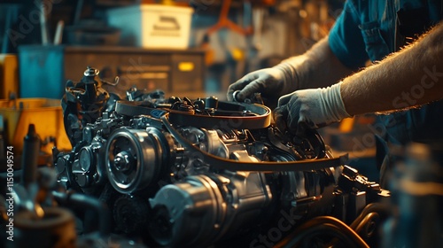 Mechanic working on a disassembled engine in a workshop.  Hands wearing gloves installing a serpentine belt on a vehicle engine.