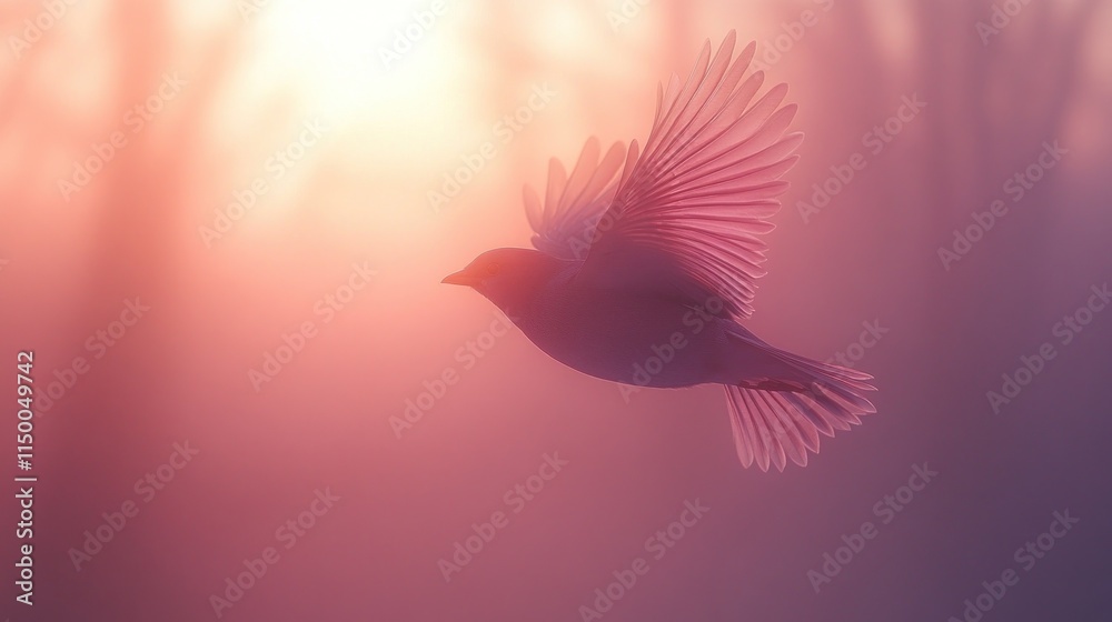 Fototapeta premium Silhouette of a bird in flight at sunset, ethereal and peaceful.