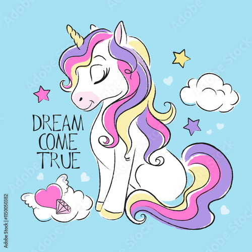 Illustration happy unicorn. Fashionable cute unicorn. Cartoon character. Print for clothes and fabrics.