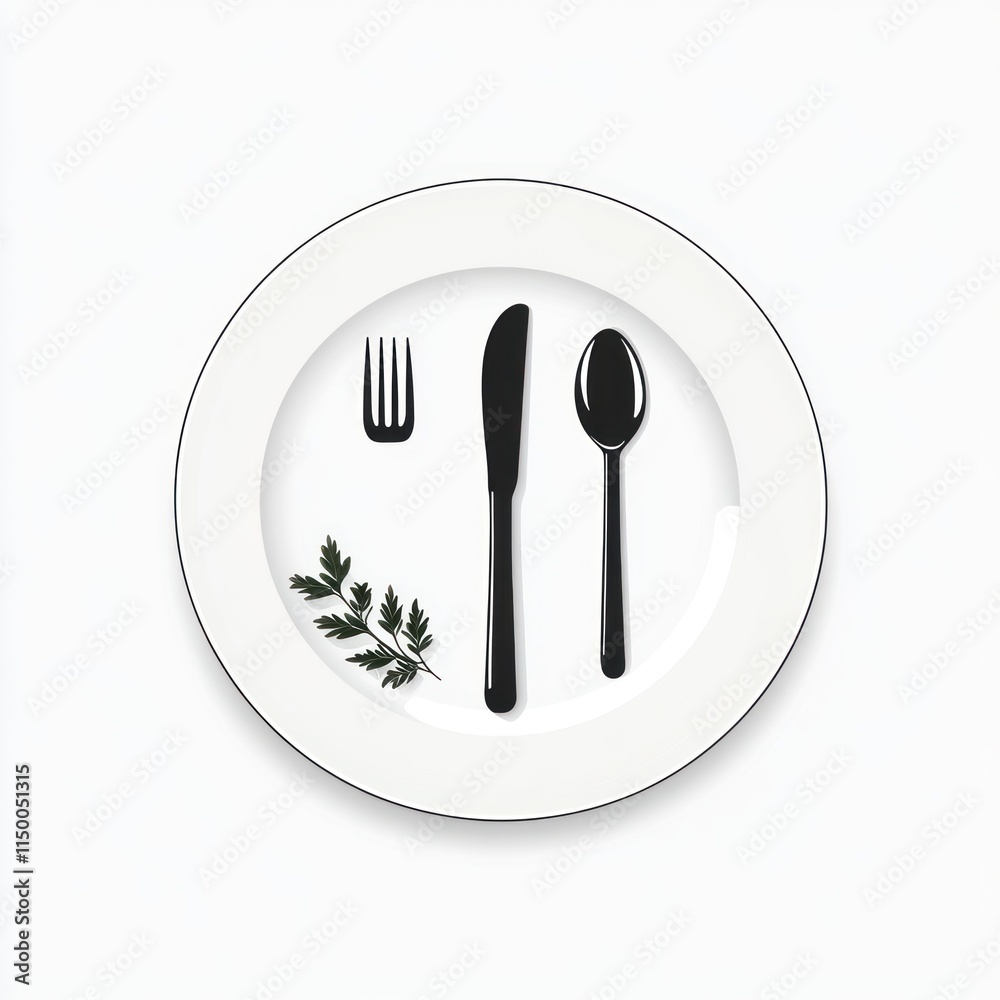 White Plate with Cutlery and Greenery White Plate with Cutlery and Greenery