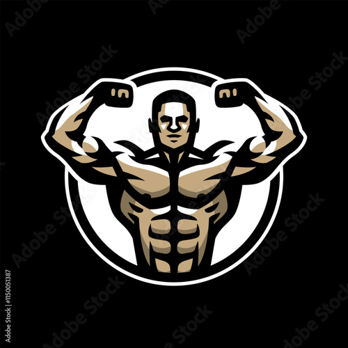 Bodybuilder logo. Double biceps on a dark background.