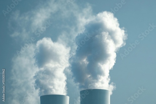 Thick clouds of steam rise from the cooling towers of a power plant under a bright afternoon sky, highlighting industrial activity. Generative AI photo