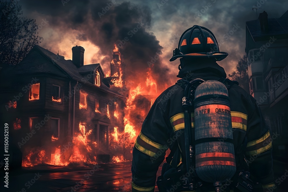 Fototapeta premium firefighter in reflective gear standing in front of a blazing fire, intense orange flames lighting up the scene, thick smoke rising into the night sky, cinematic and dramatic atmosphere, detailed text