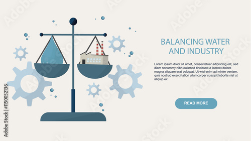Industrial Water Balance Scale Environmental Sustainability Illustration. balance scales weighing water against industrial factory, surrounded by mechanical gears, representing environmental equilibri