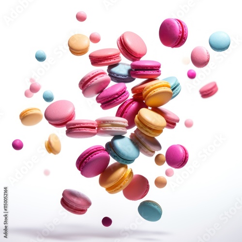 Colorful Macarons Floating in Mid-Air on White Background