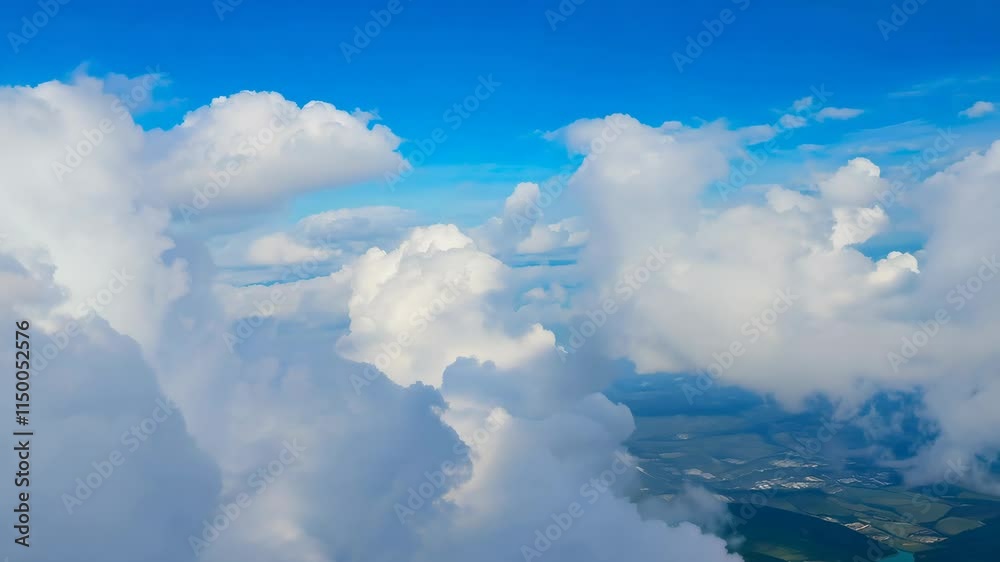 Fluffy Cumulus Clouds in a Clear Blue Sky: A Nature and Weather Aerial View Fluffy Cumulus Clouds in a Clear Blue Sky: A Nature and Weather Aerial View