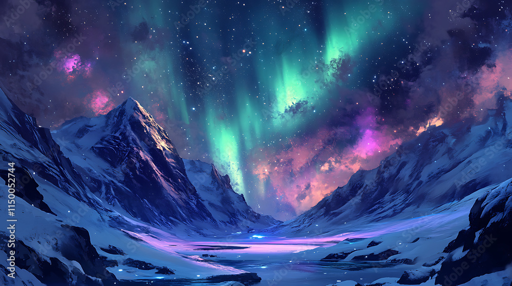 Fototapeta premium Aurora borealis over snowy mountains 