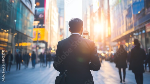 A businessman in a suit walks through a bustling city street, looking at his phone.