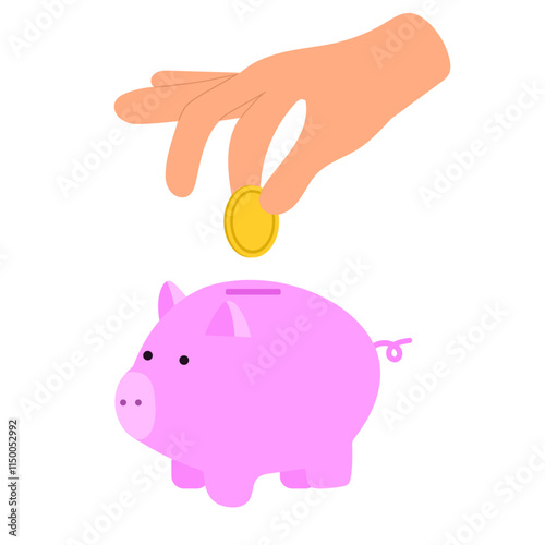 hand dropping coin into piggy bank representing saving money concept flat design illustration