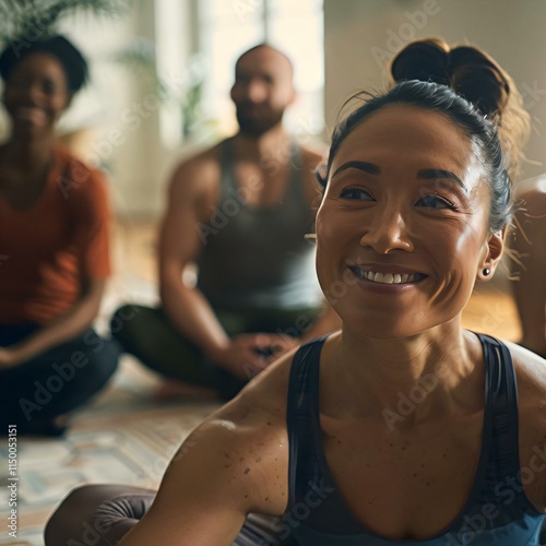 Woman warm smile sits floor looking directly camera surrounded two others cozy room window