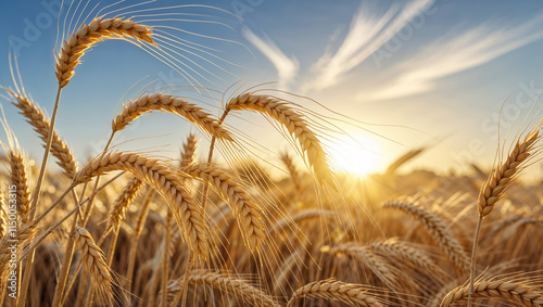 Golden wheat fields shimmer under a vibrant blue sky, a breathtaking scene of rural agriculture photo