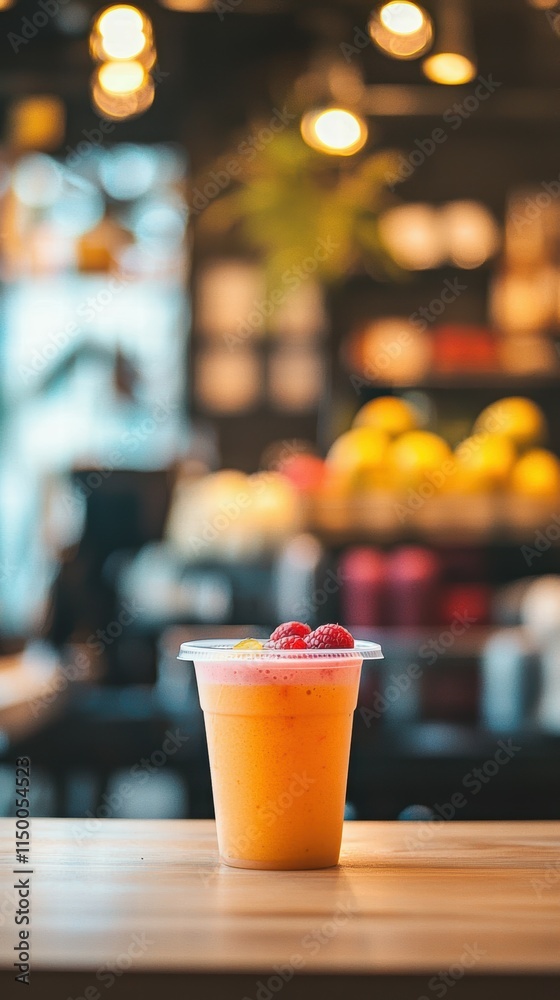 Refreshing Fruit Smoothie in Clear Cup with Raspberries on Wooden Table
