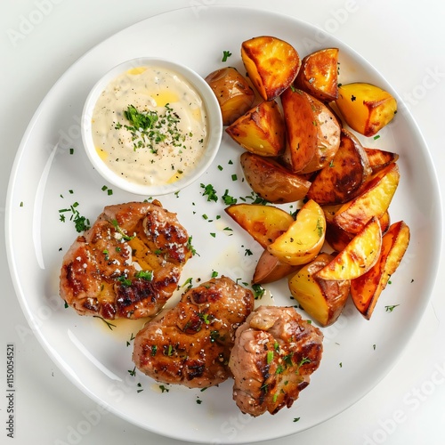 Plate featuring three pieces meat roasted potatoes dollop creamy sauce garnished parsley photo