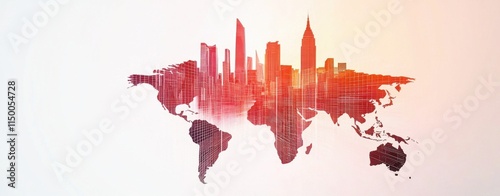 A stylized map of the world overlaid with a silhouette of a city skyline, featuring a gradient of red hues.