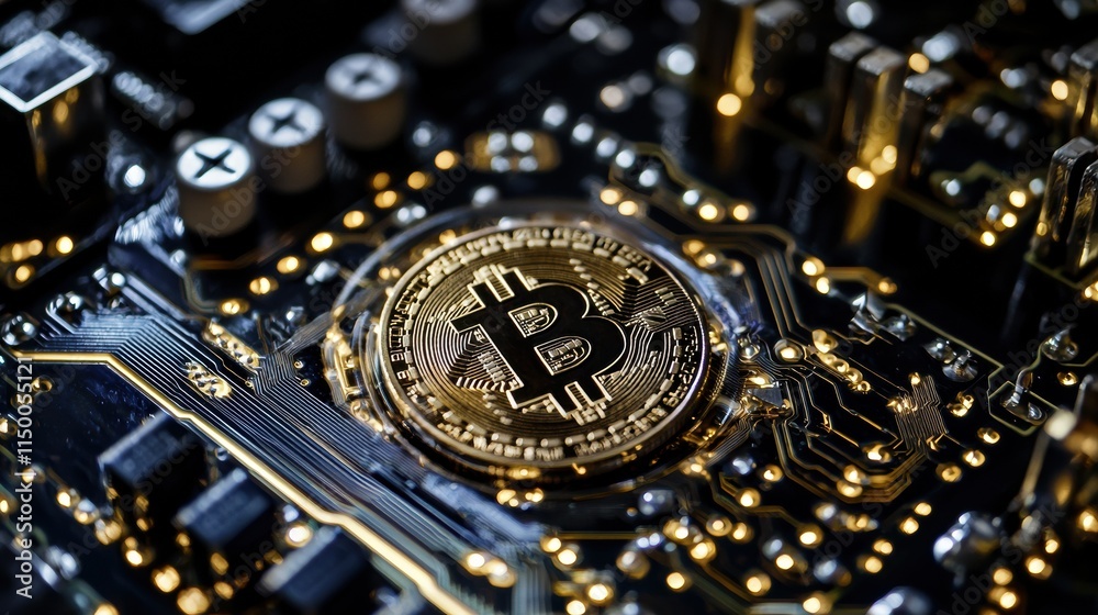 Close-Up View of Physical Bitcoin on Circuit Board in Technology Context Close-Up View of Physical Bitcoin on Circuit Board in Technology Context