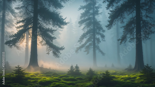 Serene misty morning in the forest with sunrise over mountains and a peaceful river