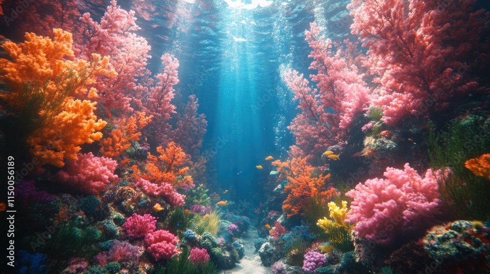 Fototapeta premium Vibrant coral reef, colorful fish, sunlit ocean.