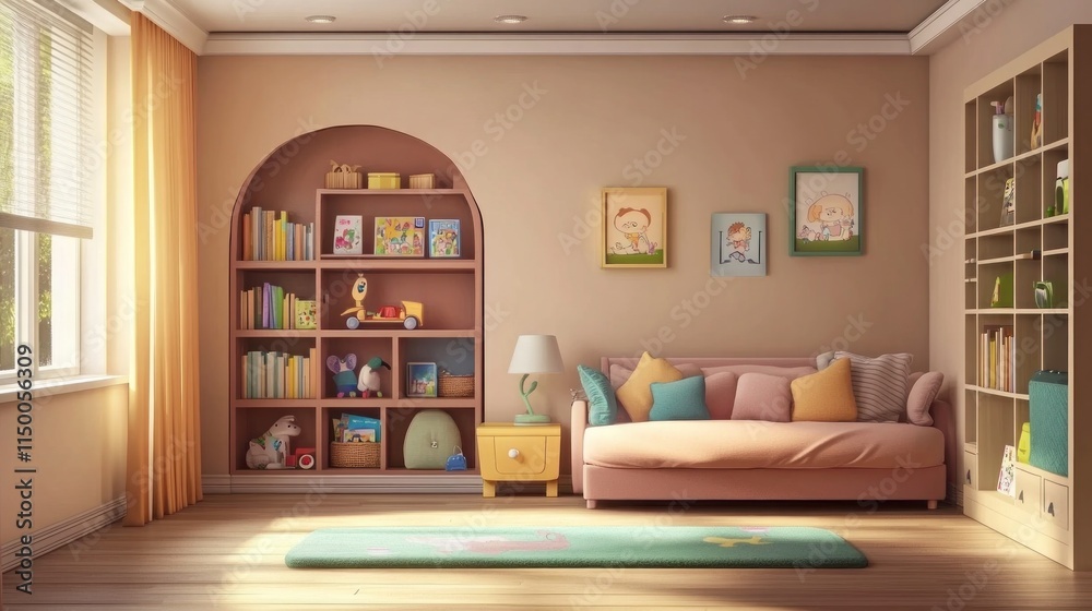 Fototapeta premium Sunny kids room with couch, bookshelves, and toys.