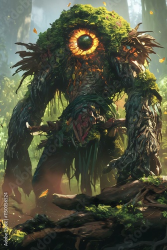 Towering barkcovered creature stands mystical forest its glowing eye commanding attention surrounded trophies lush foliage photo
