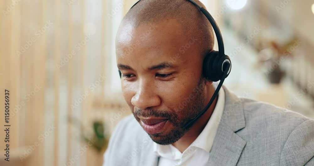 Headset, customer service and black man agent in office for crm conversation for online consultation. Technology, assistant and African male telemarketing operator for call center in workplace.