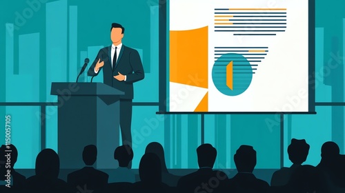 A businessman gives a presentation to a group of people. He stands behind a podium and points at a screen with a chart.