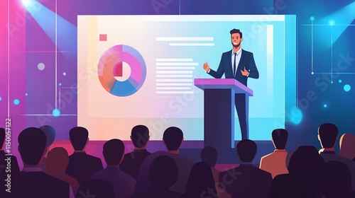 A businessman delivers a presentation to a large audience. The speaker is confident and engaging, and the audience is attentive.