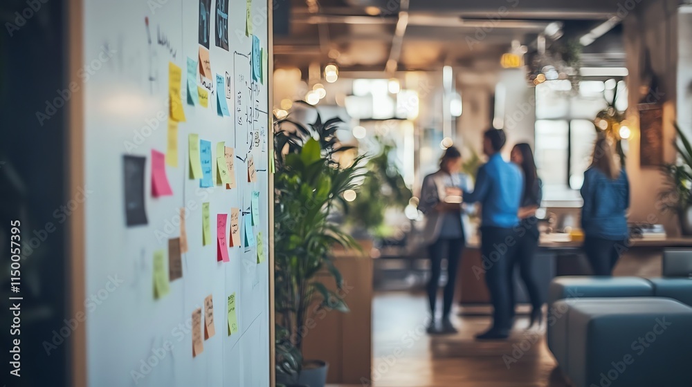 © Dinara - A close-up shot of a whiteboard covered in colorful sticky notes, with a blurred background of people in a modern office. © Dinara - A close-up shot of a whiteboard covered in colorful sticky notes, with a blurred background of people in a modern office.