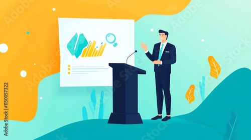 A businessman stands at a podium, giving a presentation. He is wearing a suit and tie. The presentation is about business growth.