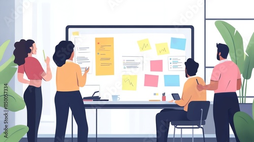 A team of four colleagues collaborate on a project, brainstorming ideas and strategies on a whiteboard filled with colorful sticky notes.