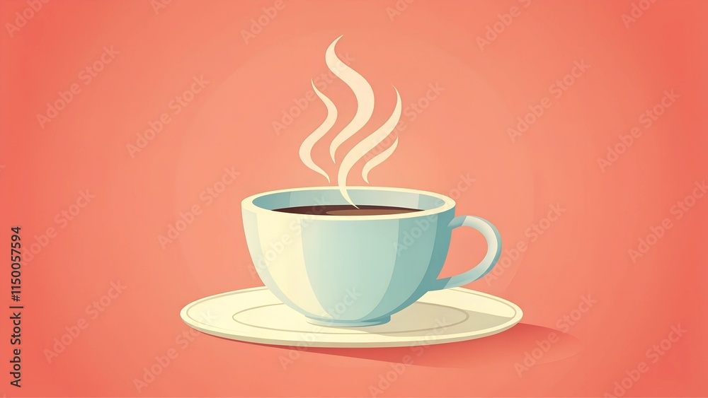 Obraz premium Steaming hot coffee cup on saucer against warm coral background