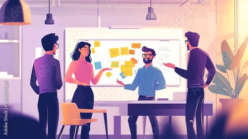 A diverse team collaborates on a project, brainstorming ideas on a whiteboard covered in colorful sticky notes.