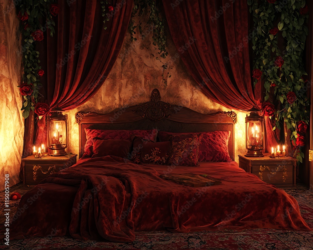 Romantic Valentine Night Setup with Lanterns and Velvet Bed Linens Romantic Valentine Night Setup with Lanterns and Velvet Bed Linens