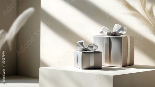 Silver gift boxes with silky ribbons. Copy space background.