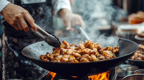 Fried chicken in a wok. The cook's hands stir the food in the pan with tongs. Fast food, street food.
