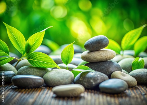 Zen Garden Serenity: Smooth Grey Stones and Lush Green Leaves