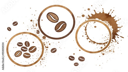 Coffee bean and spill art with circular coffee stain design