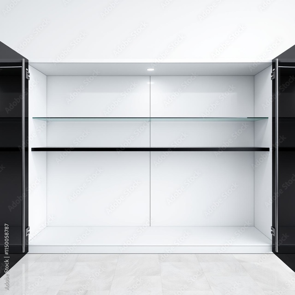 White and modern minimalist open closet in an empty room White and modern minimalist open closet in an empty room
