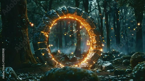 Glowing stone ring portal in a dark forest with fireflies.