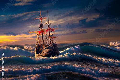 Obraz na płótnie Grand view of an old sailing ship from the times of pirates and the Middle Ages on the high seas with big waves and with a beautiful sky w salonie