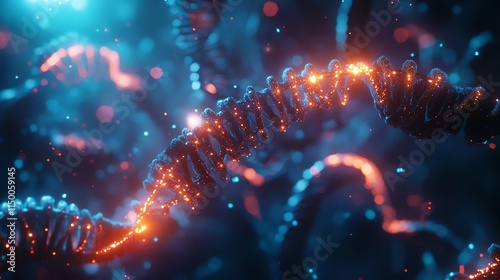 A glowing strand of DNA, a symbol of life and the building blocks of our existence, is illuminated in vibrant orange and blue hues.