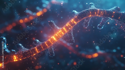 A glowing DNA strand, a symbol of life and genetic code, is illuminated by a warm, orange light.