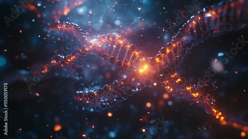 A glowing DNA strand with a fiery texture, surrounded by a swirling cloud of sparks.