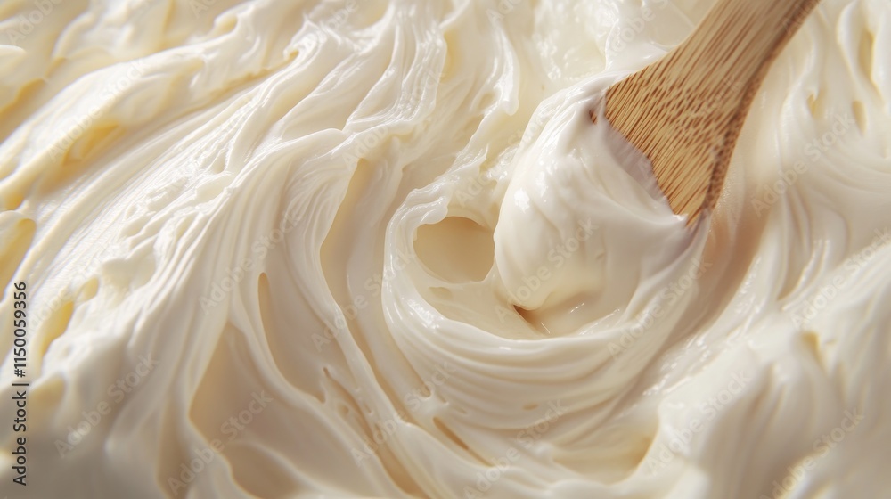 Creamy White Texture with Wooden Spoon and Swirling Motion Creamy White Texture with Wooden Spoon and Swirling Motion