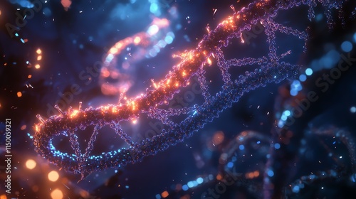 A glowing, abstract DNA strand, rendered in a vibrant blue and orange color palette, with a bokeh background.