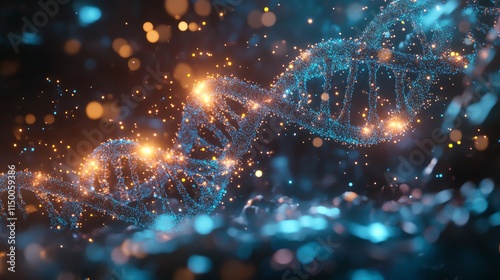 A mesmerizing abstract background with a glowing DNA strand, a beautiful blend of blue and orange hues creating a sense of wonder and mystery.