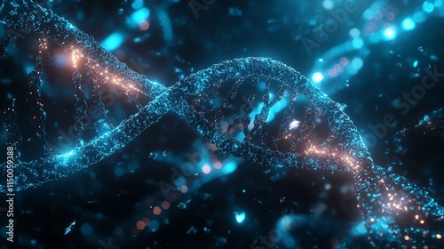 A glowing blue DNA strand, with a dark background and sparkling particles, symbolizes the beauty and complexity of life's building blocks.
