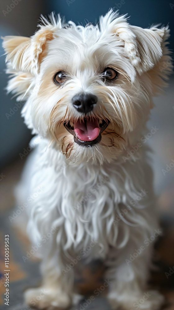 Small white fluffy dog smiling expression alert eyes looks directly camera its curly fur tongue slightly out Small white fluffy dog smiling expression alert eyes looks directly camera its curly fur tongue slightly out