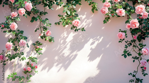 Climbing pink roses on the wall. Decorative floral background with copy space. 
